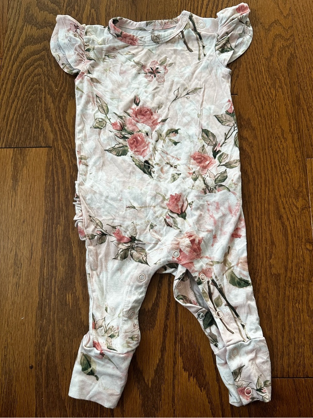 Posh Peanut Pink Floral Ruffle Bamboo Romper 3-6M